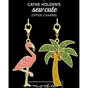 Sew Cute - Flamingo and Palm Tree Zipper Charms Pulls, Cathe Holden CH163R, Sewing Quilting Notions, Tropical Metal Enamel Zipper Pull Charm