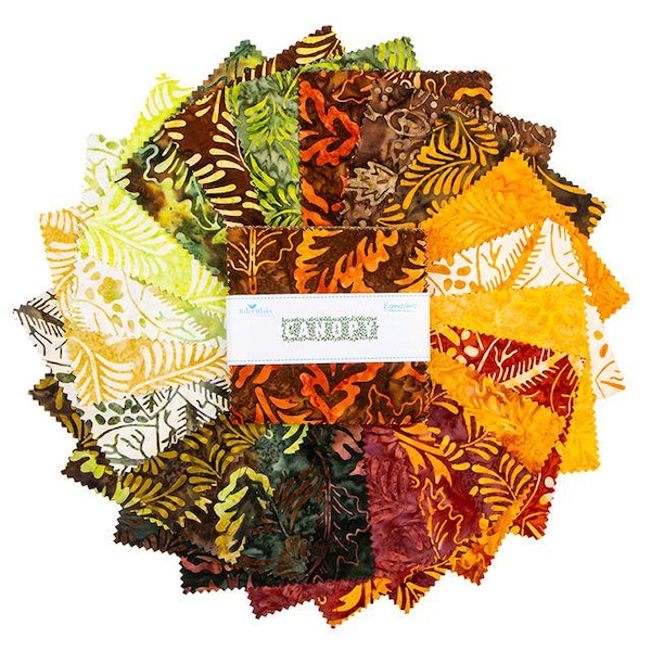 Expressions Batiks Canopy 5" Stacker, Riley Blake  5-23436-42, 5" Precut Earth Tones Leaves Red Green Gold Brown Batik Fabric Squares