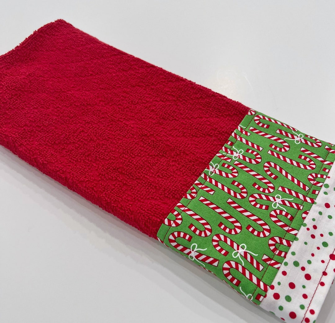 Christmas Candy Canes on Red Kitchen Dish Towel, Fabric Trimmed Hand