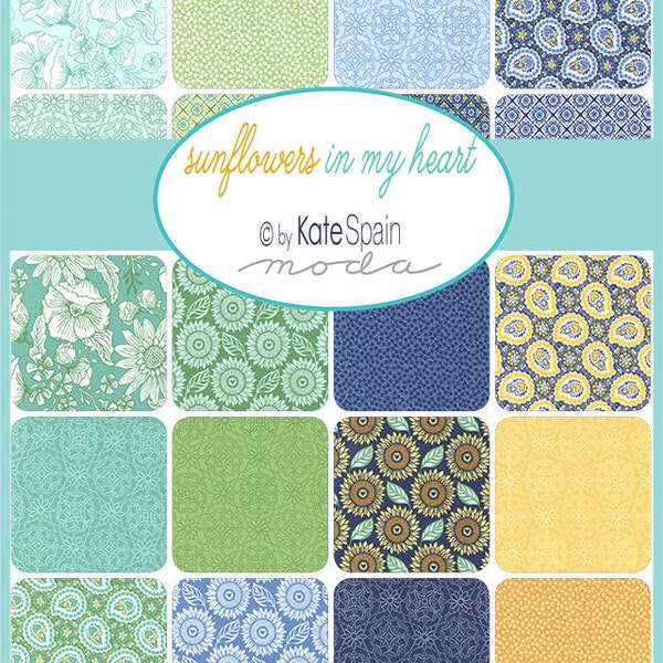 Sunflowers in My Heart Charm Pack, Moda 27320PP, 5" Precut Sunflower Floral Quilt Fabric Squares, Yellow Green Blue Charm, Kate Spain