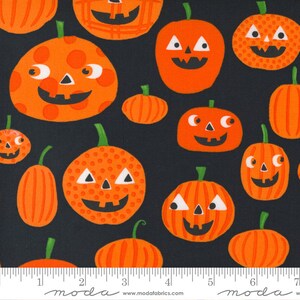 May include: Orange and black Halloween fabric with a repeating pattern of jack-o'-lantern pumpkins. The pumpkins have different facial expressions and patterns.