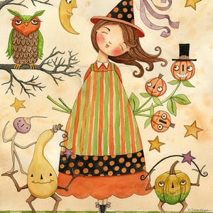 Ghoul Friends - 36&quot; Halloween Witch Quilt Panel Fabric, Riley Blake C16058-Panel, Cute Whimsical Witch Owl on Beige Fabric, Teresa Kogut