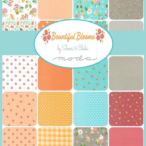 Bountiful Blooms Charm Pack, Moda 37660PP, Modern Floral Quilt Fabric Squares, 5" Inch Precut Fabric Squares, Sherri and Chelsi