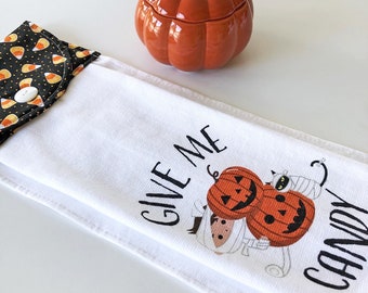 LAST CALL Halloween Button Top Kitchen Dish Towel, Halloween Hanging Oven Door Towel Kitchen Decor, Candy Cat Pumpkins Dish Towel