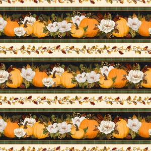 May include: A repeating pattern featuring orange pumpkins, white flowers, and fall foliage. The design includes alternating stripes of black, green plaid, and cream with floral and leaf accents, creating a seasonal autumn theme.