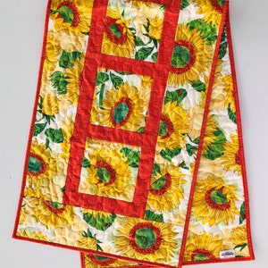 Yellow Sunflowers Quilted Table Runner, 18&quot; x 54.75&quot;, Solana Quilted Table Topper Quilt, Yellow Orange Green Floral Table Runner