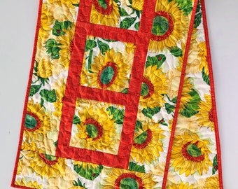 Yellow Sunflowers Quilted Table Runner, 18" x 54.75", Solana Quilted Table Topper Quilt, Yellow Orange Green Floral Table Runner