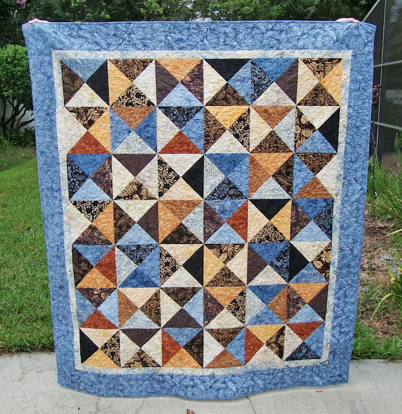 Blue and Brown Hourglass Batik Throw Quilt 60.5 X 69.5 Broken