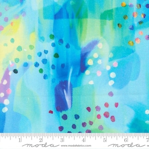 May include: Abstract fabric with a watercolor effect in shades of blue, green, and yellow. The design features brushstroke-like shapes and scattered dots in various colors, including purple, pink, and green. The fabric has a light, airy feel.