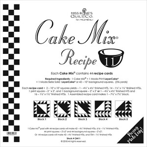 May include: Black and white quilt block pattern called "Cake Mix Recipe 11" with instructions for making a quilt block. The pattern includes 5 different blocks, each with a different design. The instructions include the number of squares needed for each block and the finished size of the block.