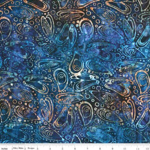 May include: A fabric with a batik design featuring swirling, abstract shapes in shades of blue, teal, and gold. The pattern includes organic forms and small circles, creating a textured, artistic look. The fabric is measured in inches.