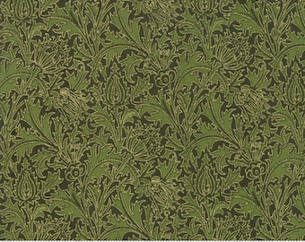 May include: Green fabric with a repeating floral pattern. The design features stylized flowers and leaves in shades of green and gold against a dark green background. The fabric has a vintage or antique aesthetic.