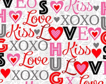 LAST CALL Hearts of Love - Valentine's Day Love Words Text Fabric, Studio E 4372S-28, Sharla Fults, By the Yard