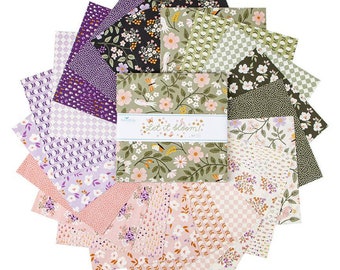 Let it Bloom 10" Inch Stacker, Riley Blake 10-14280-42, 10" Precut Fabric Squares, Pink Green Purple Floral Fabric, Little Forest Atelier