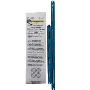 May include: A Quick Quarter Set by Quilter's Rule for triangle square piecing, including two teal plastic slotted rulers and a white instruction sheet with black text detailing the 8 inch and 12 inch sizing and usage instructions.