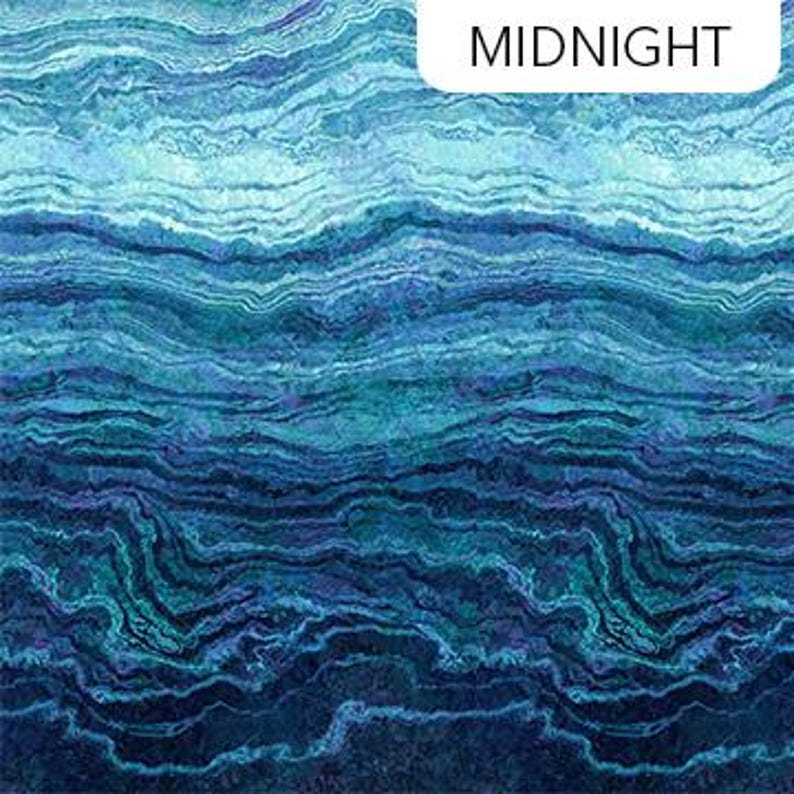 May include: Abstract digital art print with a layered, textured design in shades of blue, teal, and green. The colors transition from light to dark, creating a sense of depth and movement. The artwork is titled "MIDNIGHT".