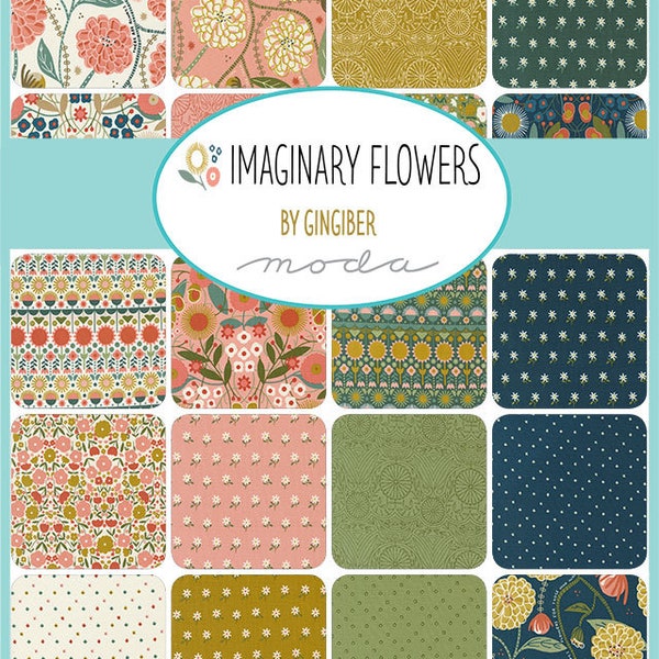Imaginary Flowers Charm Pack, Moda 48380PP, 5" Inch Precut Quilt Fabric Squares, Flowers Floral Charm Pack Fabric, Gingiber