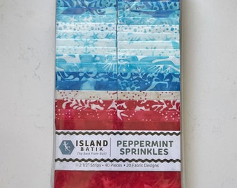 Peppermint Sprinkles Strip Pack, Island Batik, Batik Jelly Roll, 2.5" Precut Fabric Strips, Teal Red Winter Christmas Batik Fabric Strips