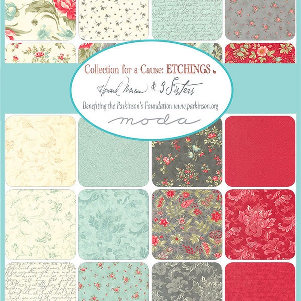 Etchings Charm Pack, Moda 44330PP, Collections for a Cause, Romantic Floral 5" Inch Precut Fabric Charm Squares, Howard Marcus