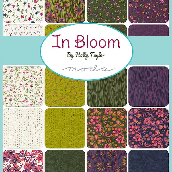 In Bloom Charm Pack, Moda 6940PP, Pink Purple Green Charm Pack Fabric, 5" Precut Fabric Quilt Squares, Holly Taylor