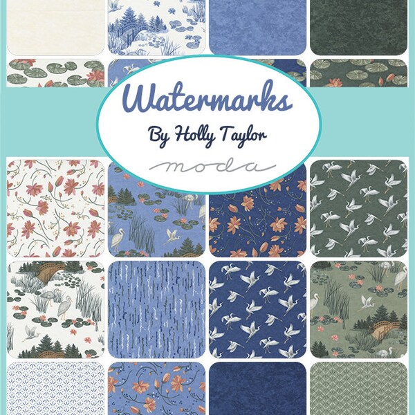 Watermarks Charm Pack, Moda 6910PP, Water Lilies Lily Birds Charm Pack Fabric, 5" Inch Precut Fabric Quilt Squares, Holly Taylor