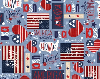 America the Beautiful - Patriotic 4 Way Text Icons Fabric, P & B Textiles AMTB5340-B, QOV Patriotic Fabric By the Yard