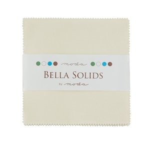 May include: A 5-inch square of off-white fabric with a label that reads "moda Bella Solids by moda" and has a row of colored dots.