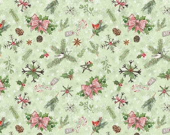LAST CALL Woodland Friends - Christmas Greenery Tossed on Green Fabric, Wilmington Prints 96448 772, By the Yard