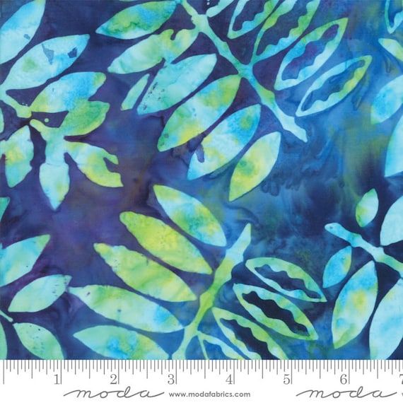 Moda Santorini Batiks Rainbow 4355 19 Light Blue, Blue Green Aqua Leaves  Batik Fabric, By the Yard