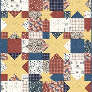 Pode incluir: Um edredom de patchwork com um design de estrela, apresentando tecidos vermelhos, brancos e azuis. O edredom incorpora padr&otilde;es como bandeiras americanas, estrelas e xadrez, com um fundo amarelo. O design evoca um tema patri&oacute;tico.