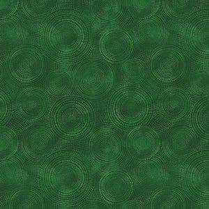 May include: A fabric with a repeating pattern of green concentric circles. The circles are composed of tiny dots, creating a textured appearance. The background is a darker shade of green, providing contrast to the lighter green circles.