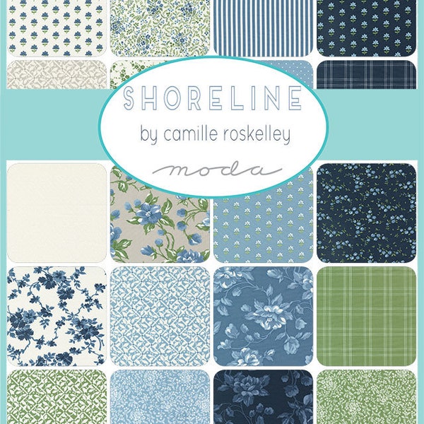 Shoreline Charm Pack, Moda 55300PP, Blue Green Floral Charm Pack Fabric, 5" Inch Precut Fabric Squares, Camille Roskelley