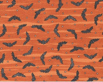 LAST CALL Ghostly Greetings - Pumpkin Halloween Bats on Orange Fabric, Moda 56046 13, Orange Black Halloween Blender Fabric, By the Yard