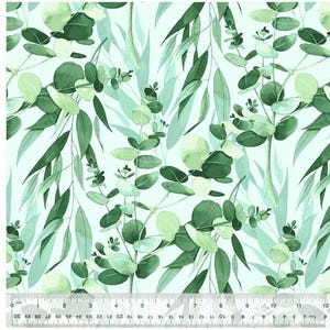 108&quot; Eucalyptus Quilt Back Fabric, Windham Fabric 54284W-1 Pond, Green Leaves Branches Blue Wide Quilt Backing, Whistler Studios By the Yard