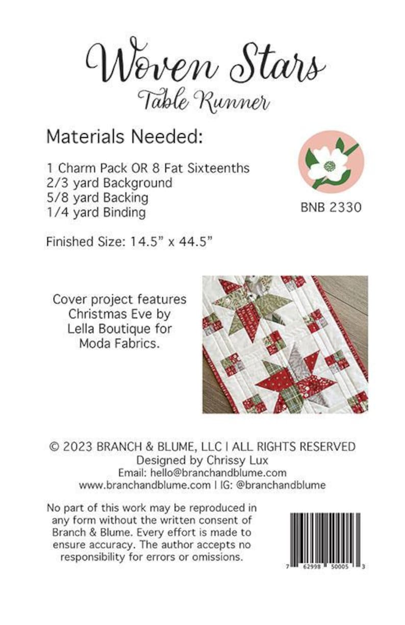 Woven Stars Table Runner Quilt Pattern, Branch and Blume BNB2330, Charm ...