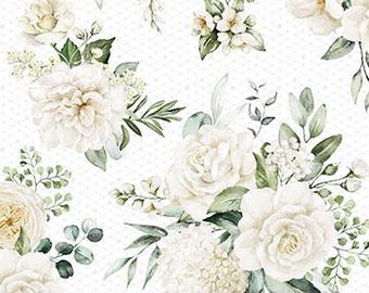 White Wedding - White Roses on White Fabric, Northcott 28382-10, White Rose Netting Floral Cotton Quilt Fabric, By the Yard