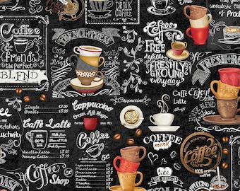 REMNANT 27" of Just Brew It - Coffee Chalkboard Themed Fabric, Timeless Treasures COFFEE-CD2557 BLACK, Novelty Cotton Quilt Fabric