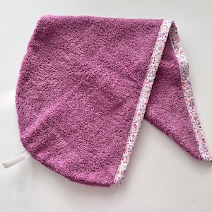 Lavender Hair Towel with Pink Purple Calico Floral Fabric Trim, Cotton Head Turban Towel Wrap, Handmade Custom Hair Towel