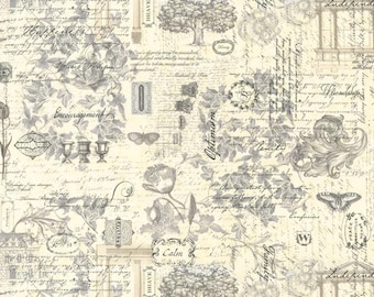 108" 3 Sisters Favorites Collages - French Text Florals on Cream Wide Quilt Back Fabric, Moda 108017 11, Sateen Quilt Backing, By the Yard
