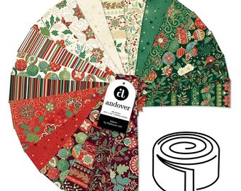 Adorn 2.5" Jelly Roll, Andover 25-ADOR-40, 2.5" Precut Gold Metallic Traditional Christmas Xmas Jelly Roll Fabric Strips, Makower UK