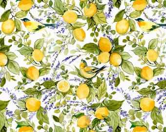 Lavender Lemonade - Lemons Lavender Flower Fabric, Wilmington Prints 39883-157, Yellow Purple Green White Fabric, Susan Winget, By the Yard