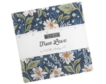 True Love 5" Charm Pack, Moda 5260PP, 5" Precut Blue Green Tan Floral Fabric Squares, Lella Boutique