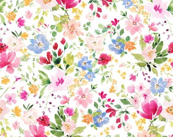 Flourish - White Digital Packed Floral Fabric, Clothworks Y4094-1 White, Pink Blue Green Mixed Watercolor Flowers Fabric, By the Yard