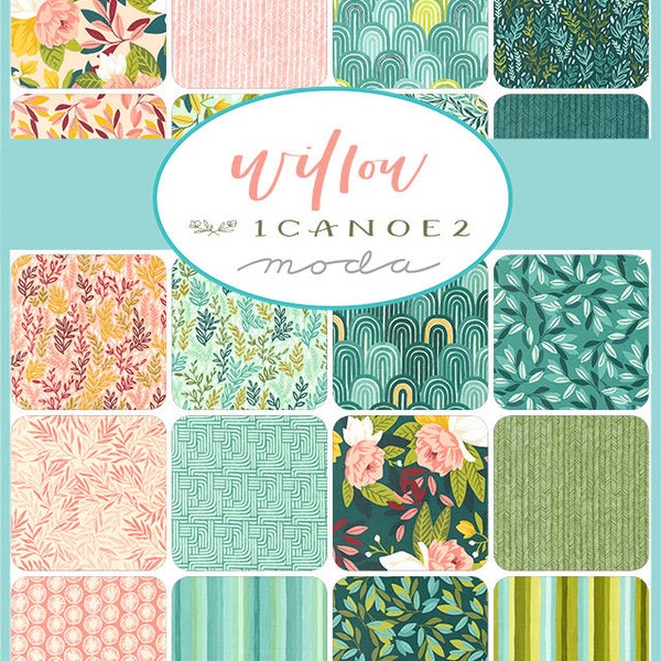 Willow Charm Pack, Moda 36060PP, 5" Inch Precut Fabric Squares, Pink Teal Green Yellow Floral Charm Pack, One Canoe Two 1Canoe2