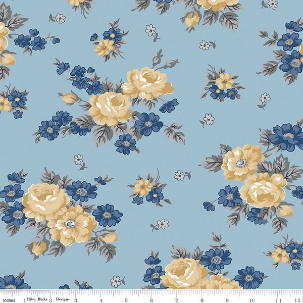 LAST CALL  Delightful - Sky Blue Gold Floral Fabric, Riley Blake C10250-Blue, Blue Yellow Gray Floral Flowers Fabric, By the Yard