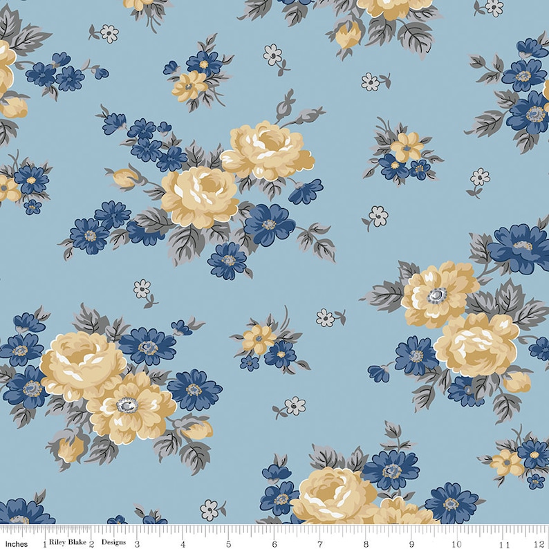 Riley Blake One 1 Yard Cut Bty Blue Yellow Gray Floral Flowers Fabric Delightful Sky Blue Gold Floral Fabric Gerri Robinson C10250-Blue