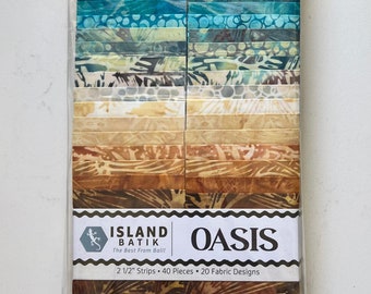 Oasis Strip Pack, Island Batik, Batik Jelly Roll, 2.5" Precut Fabric Strips, Teal Beige Blue Brown Trees Leaves Batik Fabric Strips