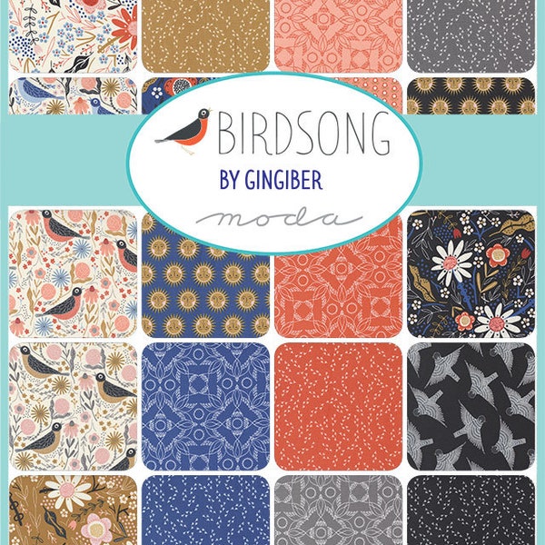Birdsong Charm Pack, Moda 48350PP, 5" Inch Precut Quilt Fabric Squares, Birds Flowers Floral Charm Pack Fabric, Gingiber
