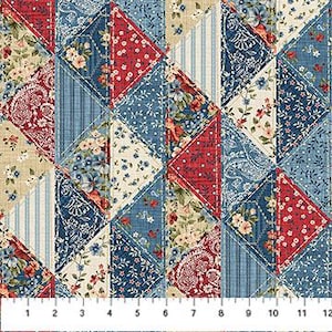 May include: A patchwork fabric with a repeating pattern of triangles in red, blue, and cream. The triangles feature floral, paisley, and striped designs. A ruler is at the bottom, showing measurements in inches.