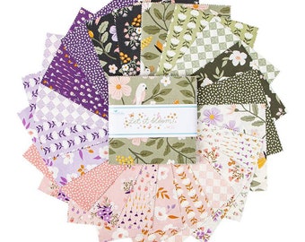 Let it Bloom 5" Stacker, Riley Blake 5-14280-42, Precut Floral Fabric Squares in Green Pink Purple, Charm Pack Fabric, Little Forest Atelier